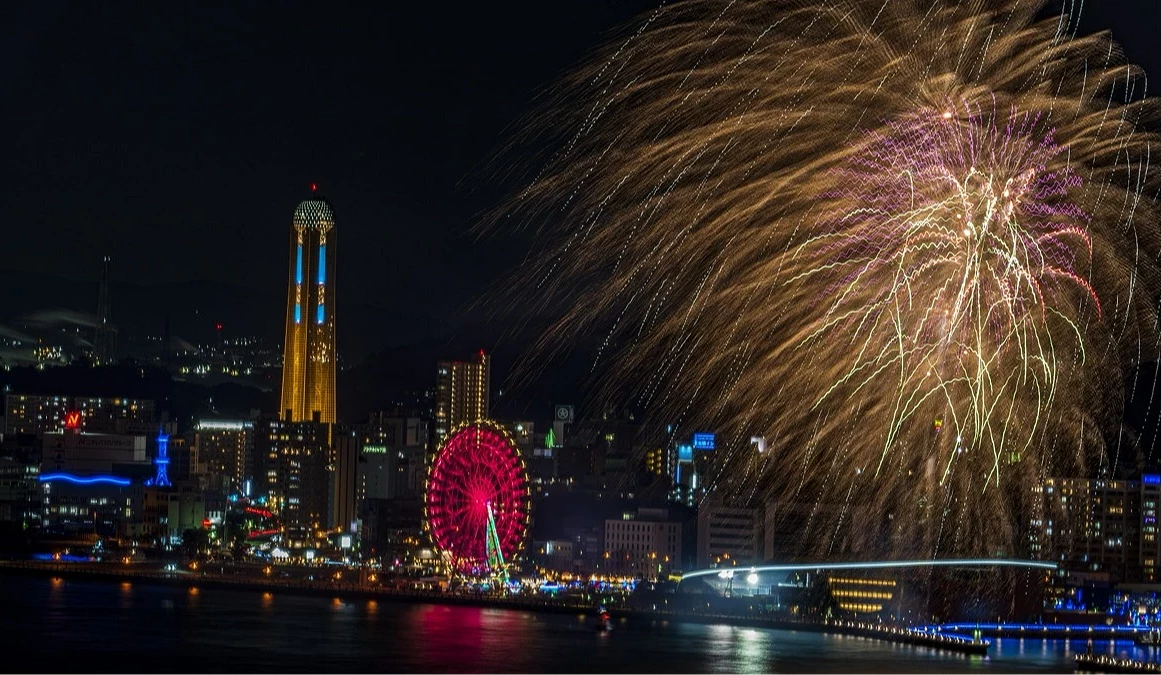 高聳大樓與摩天輪夜景之中施放煙火