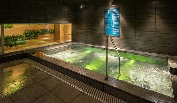 室內溫泉池散發著柔和綠光,牆上設有入浴說明,側邊有日式景觀造景窗