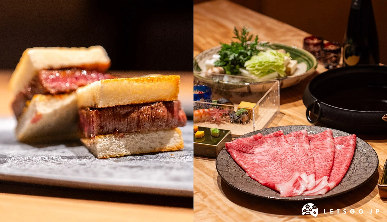 「個室燒肉 Ginza Kitao」的炸和牛三明治與「個室會席 北大路 銀座本店」的富良野和牛壽喜燒