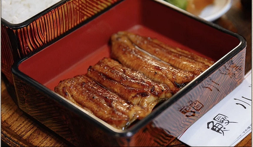 紅色漆盒盛裝三條褐色鰻魚,表面光澤油亮,日文標籤與白瓷碟盛配菜靠近,木製餐墊襯底,日本鰻魚飯精緻誘人。