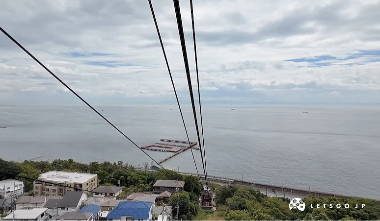 纜車俯瞰海灣景觀,黑色纜線與遠景紅白纜車,藍屋頂建築與綠樹環繞,平靜灰藍海面與遠景船隻,多雲天空,山丘遊樂園景色。