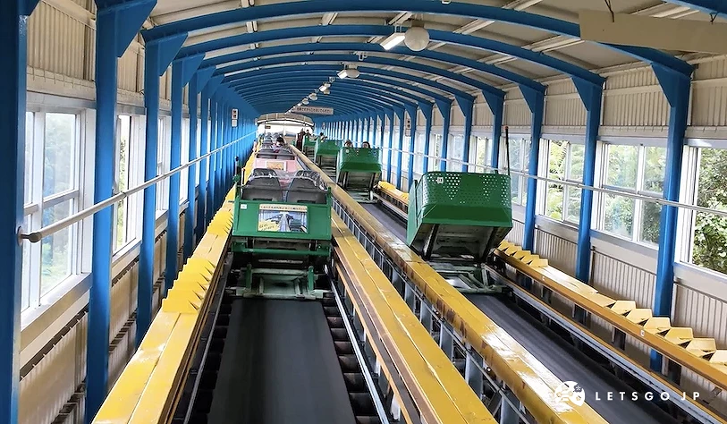 遊樂園雲霄飛車車廂,藍色鋼架棚頂與白色牆面,黃色安全欄杆,綠色與粉紅色車廂,黑色軌道,寬敞室內設施,現代遊樂園設備。