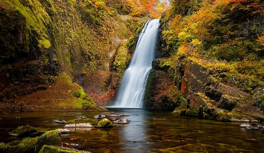 瀑布飛瀉而下,周圍岩壁覆蓋秋季紅葉
