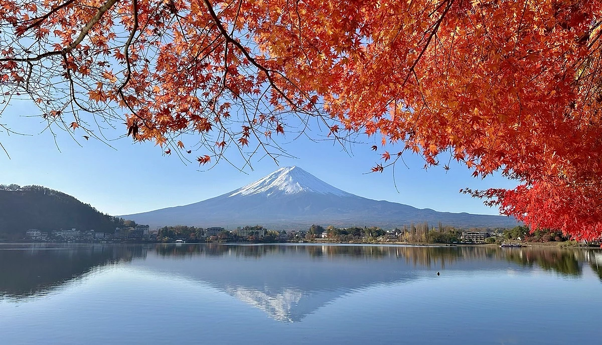 富士山河口湖的紅葉與富士山倒影