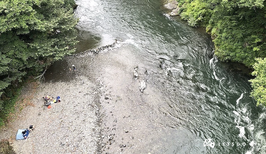 在湖邊淺灘戲水野餐的人們