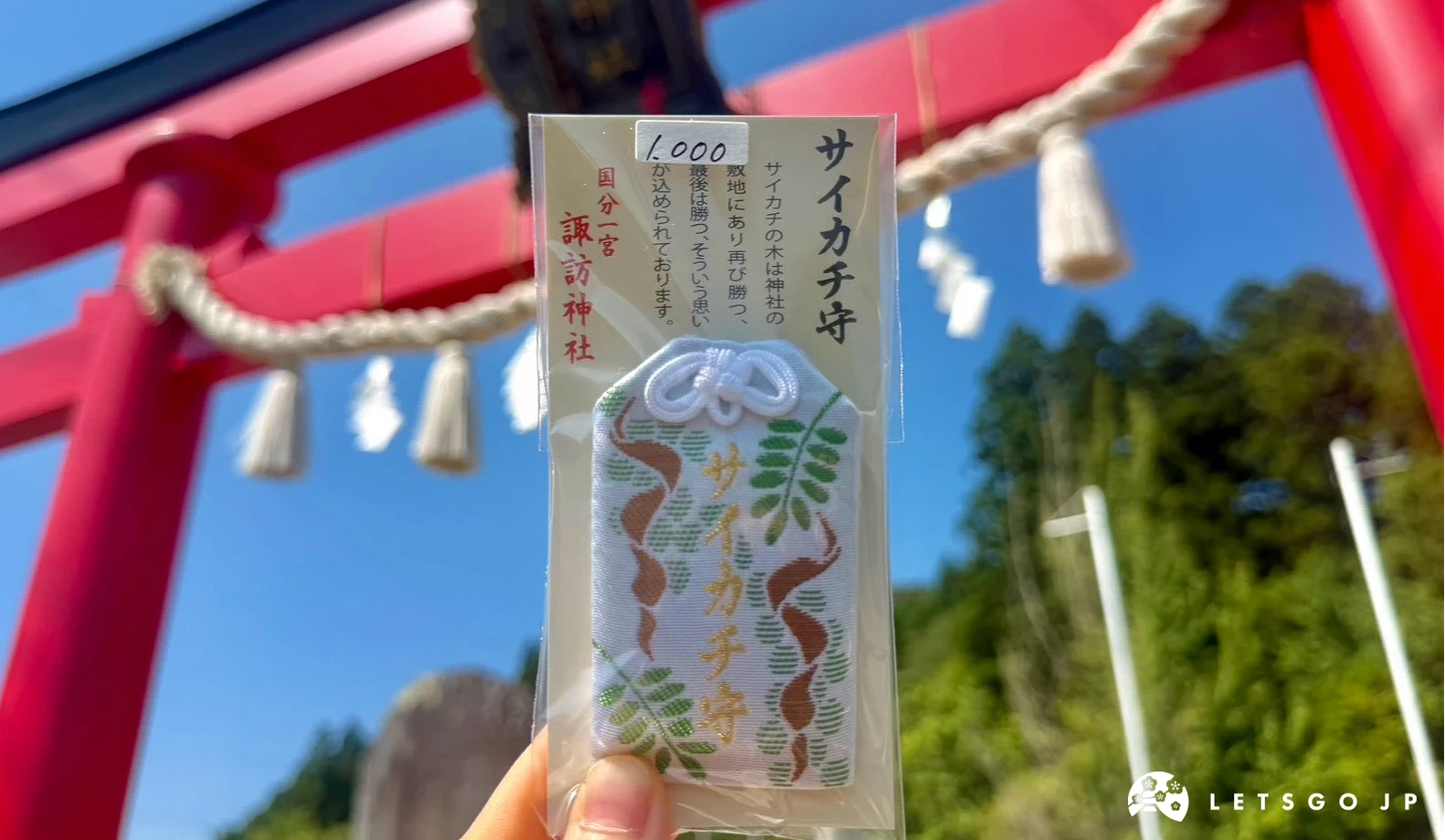 手中拿著淺色木質畫風的「皂莢御守」,上面印有綠色皂莢樹葉片圖案與黑色「サイカチ守」字樣,背景為神社紅色的鳥居與藍天。