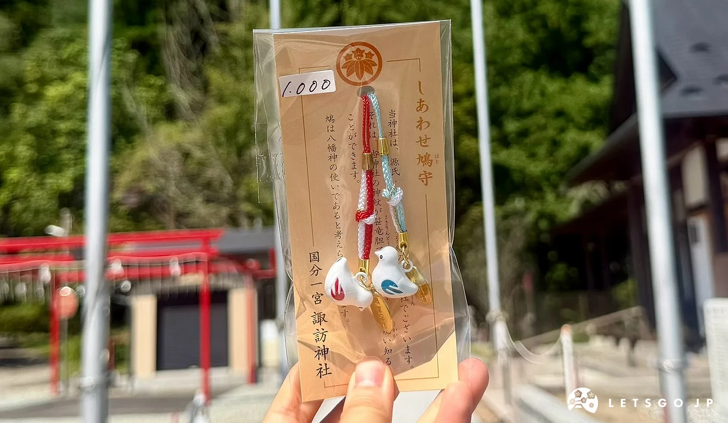 手中拿著透明包裝的「幸福鴿子御守」,御守上方帶有紅色繩結,底下掛著一隻精致立體的白色小型鴿子吊飾,背景為神社境內建築。