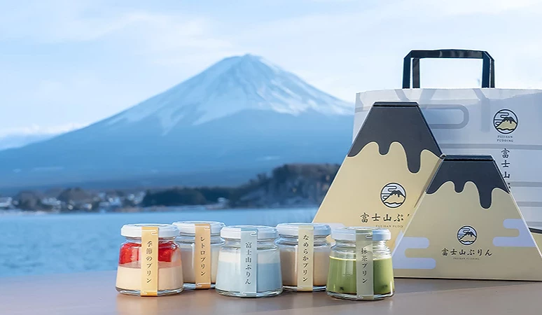 多種口味布丁及包裝外盒呈現富士山造型