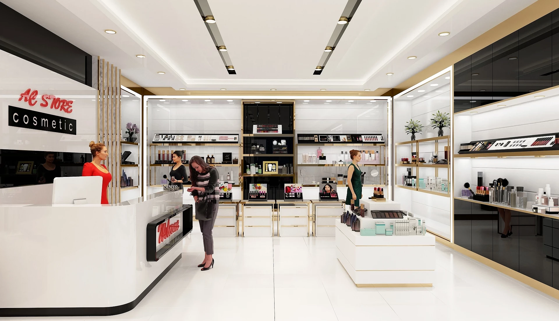百貨公司美妝專櫃內部,明亮空間陳列保養品與化妝品,顧客正在櫃前選購商品
