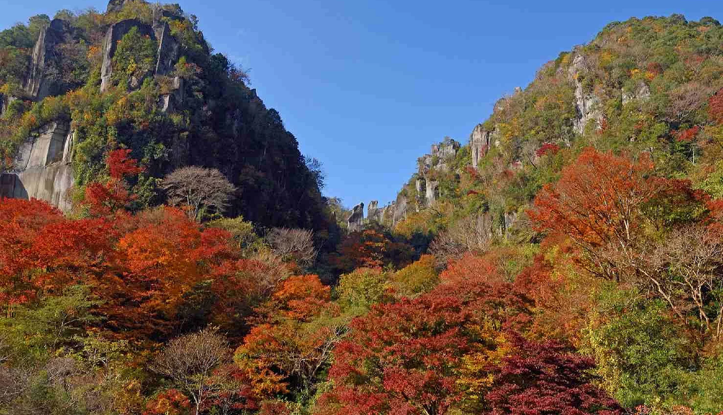 「深耶馬溪」鬼斧神工般的奇岩及紅葉相襯