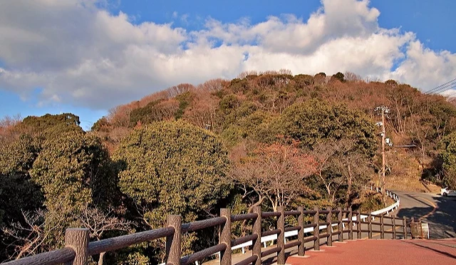 沿著木製圍欄步道的秋日山景,遠處山上樹木轉為褐色與秋色,藍天上有白雲。