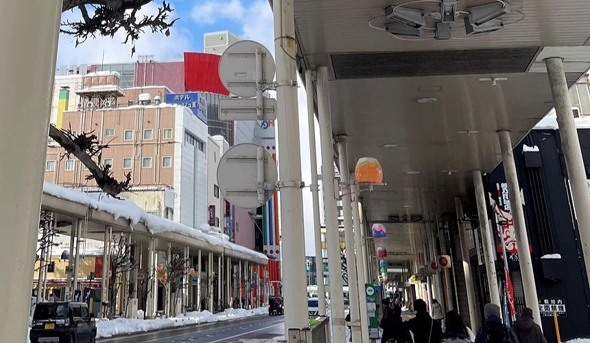 兩條有屋簷的商店街,旁邊道路上有白色積雪。