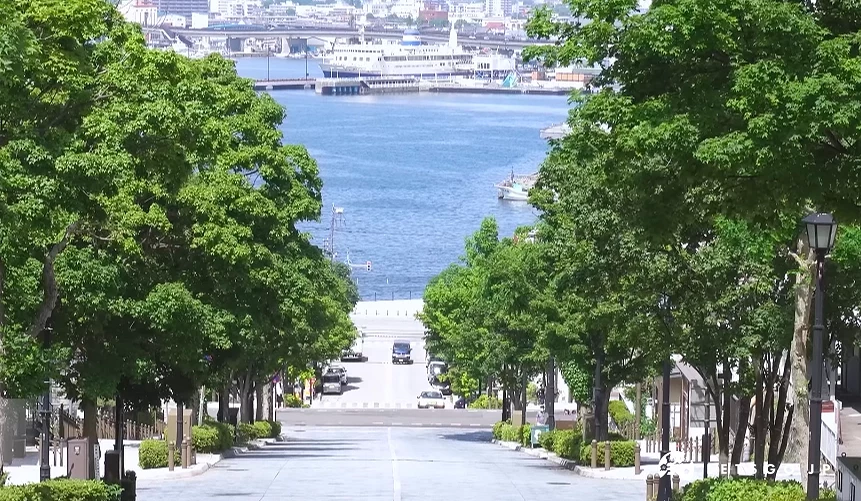 函館八幡坂的街道與海景