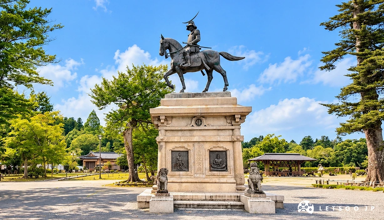 公園內的石造基座上立有武將騎馬銅像,基座前方有兩尊石獅,周圍為樹木與涼亭,天空晴朗。