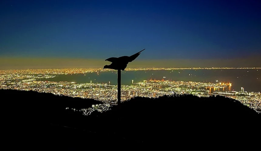 山頂觀景鯨魚雕塑,黑色剪影躍起姿態,俯瞰神戶港夜景,金黃燈火點綴城市與海灣,深藍天空與遠景山脈,城市夜景璀璨壯闊。