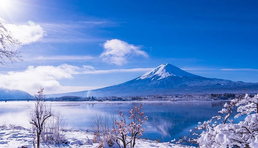 冬季冠雪的富士山與雪白一片的河口湖北側