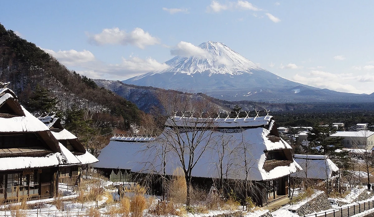 茅草屋頂覆雪村落,遠眺富士山雪景