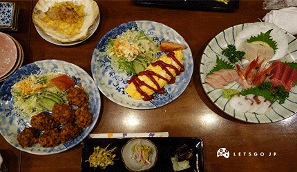 傳統菜色,歐姆蛋、炸丸子、生魚片