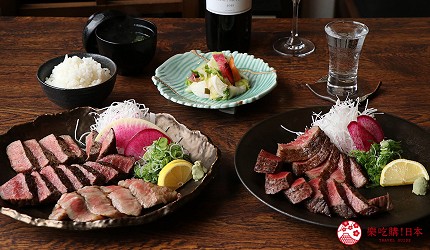 神戶三宮和牛推薦「寅松の肉たらし」的兩種套餐「神戶牛三種部位」（神戸牛3種食べ比べ）與「神戶牛黑毛和牛套餐」（神戸牛、黒毛和牛食べ比べ）